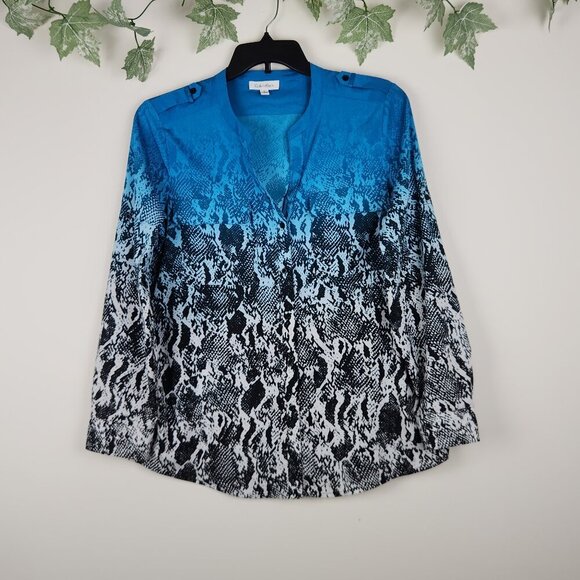 Calvin Klein Tops - Calvin Klein Sz L Blue Black White Animal Print Long Roll Tab Sleeve Tunic Top